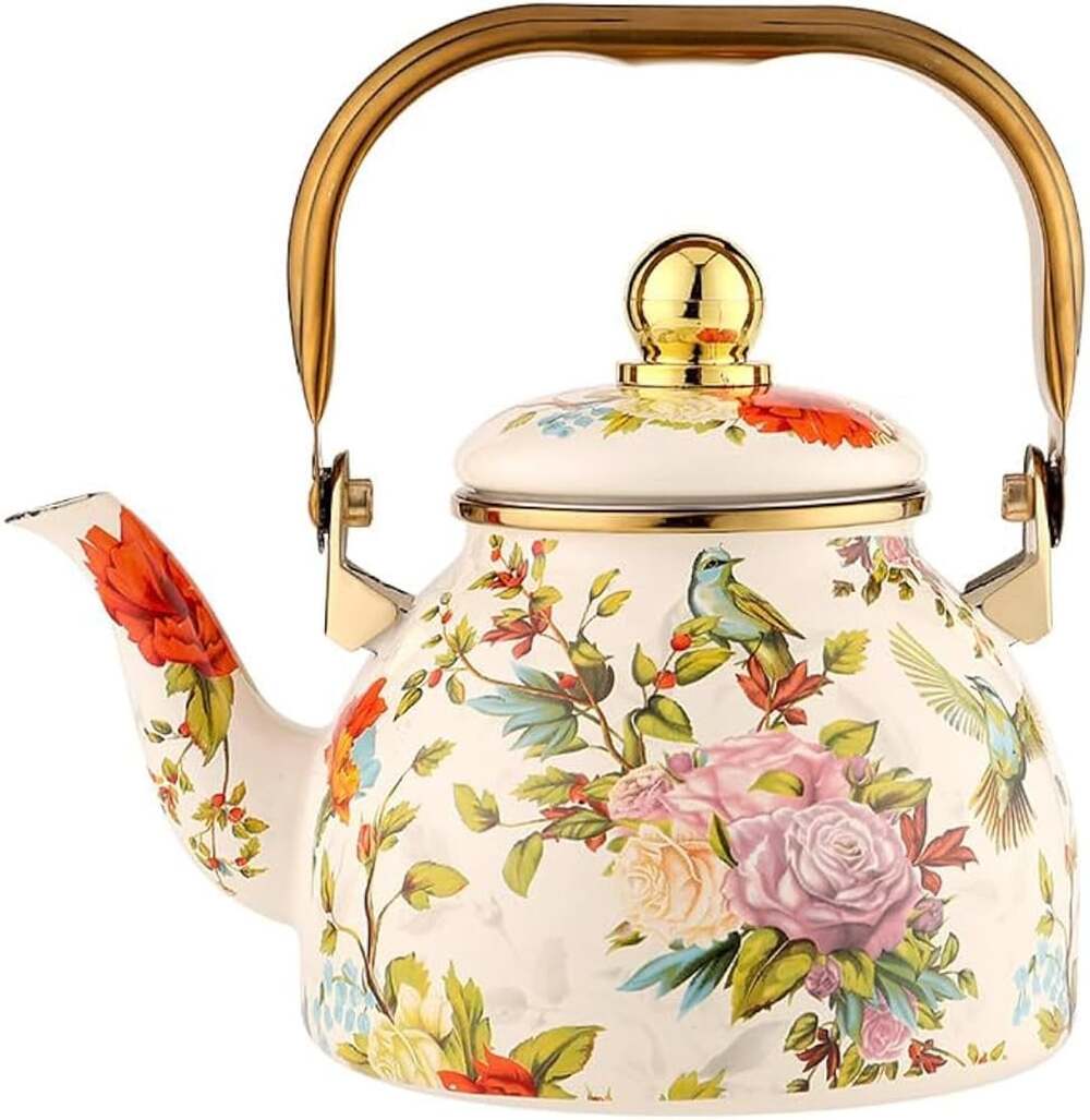 NobeOnbe Vintage Floral Enamel Kettle 1.2L Teapot with Filter